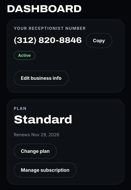 The dashboard on a phone: the receptionist's phone number marked Active, and the current plan.