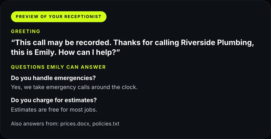 Preview of the receptionist: its greeting, the questions it can answer, and the documents it also answers from.