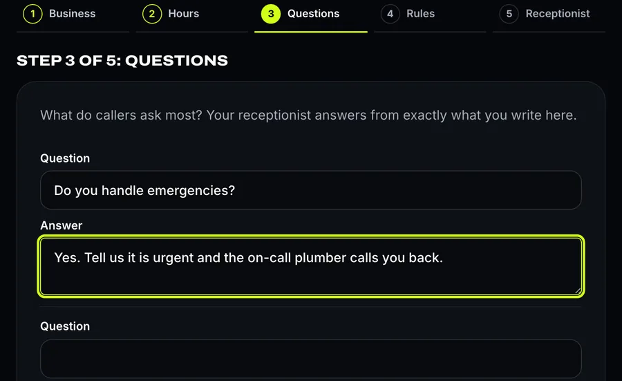 Step 3 of the setup form: the owner writes a question callers ask and the answer the receptionist should give.